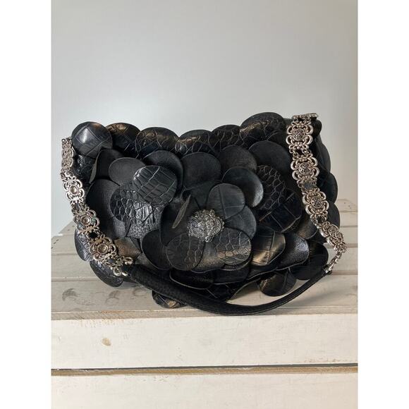 BRIGHTON SMALL BLACK LEATHER FLOWER PETAL SHOULDER BAG - Picture 1 of 16